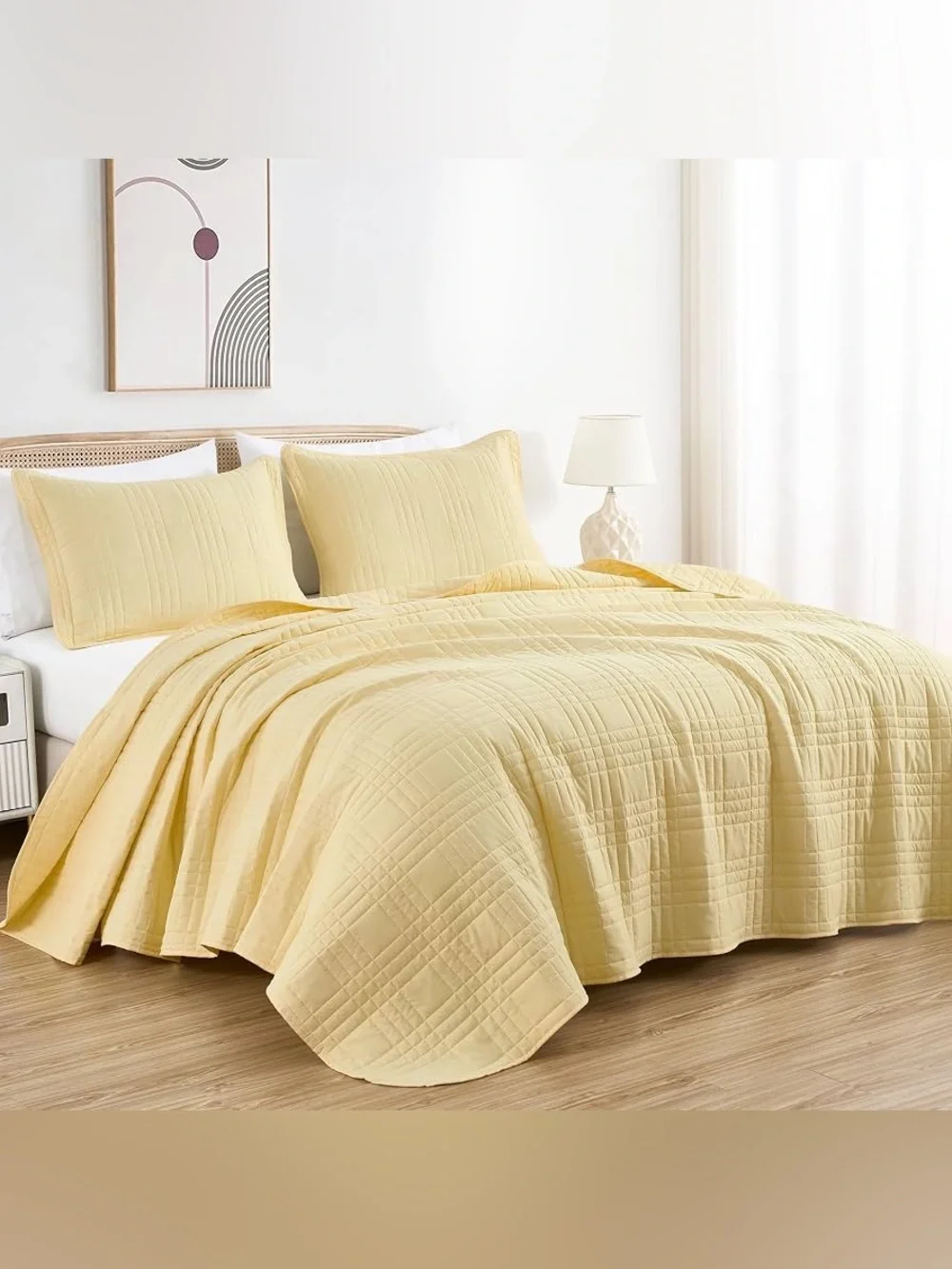 Soft Yellow Quilted Queen Bedspread Set 3-Piece